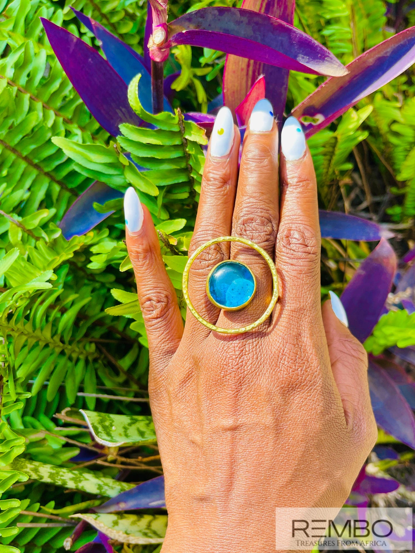 Éclat d'Azur - Bague Cercle en Bronze et Pierre de Verre Artisanale - REMBO