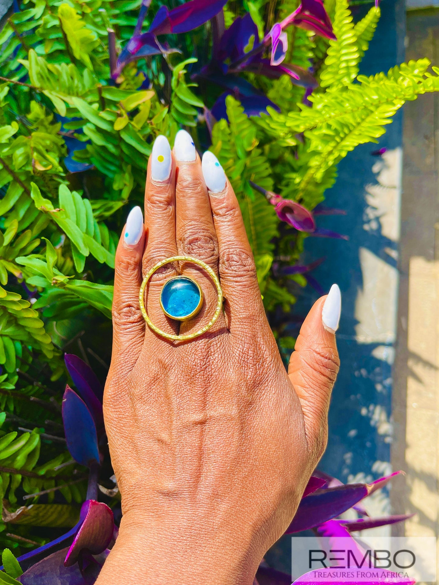 Éclat d'Azur - Bague Cercle en Bronze et Pierre de Verre Artisanale - REMBO