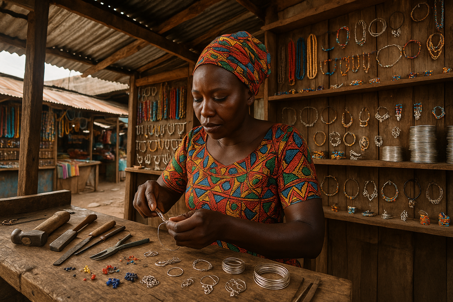 Une image d'un artisan africain qui est en train de faire un bijoux dans son petit atelier modeste dans le marché kariokor au kenya. Une femme