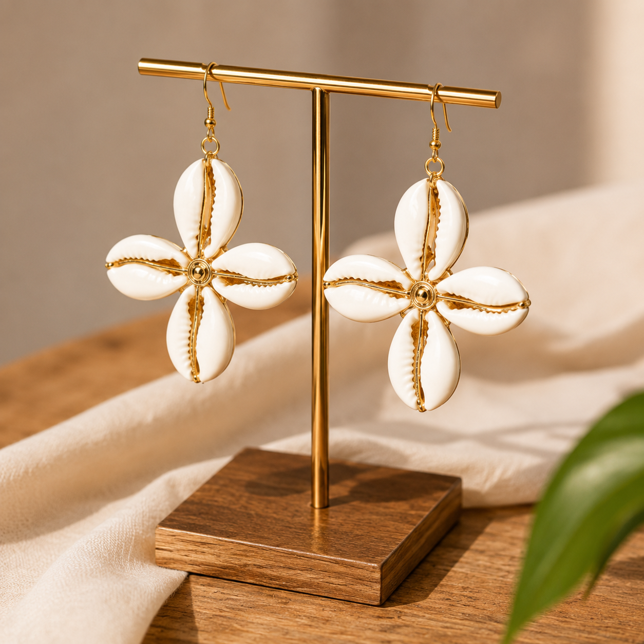 Boucles d'oreilles "Bahari" — Fleur de cauris naturels et laiton doré | Bijou africain artisanal