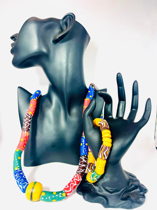 Parure Bracelet et Collier - Éclat de Verre Krobo - Nyame Nti