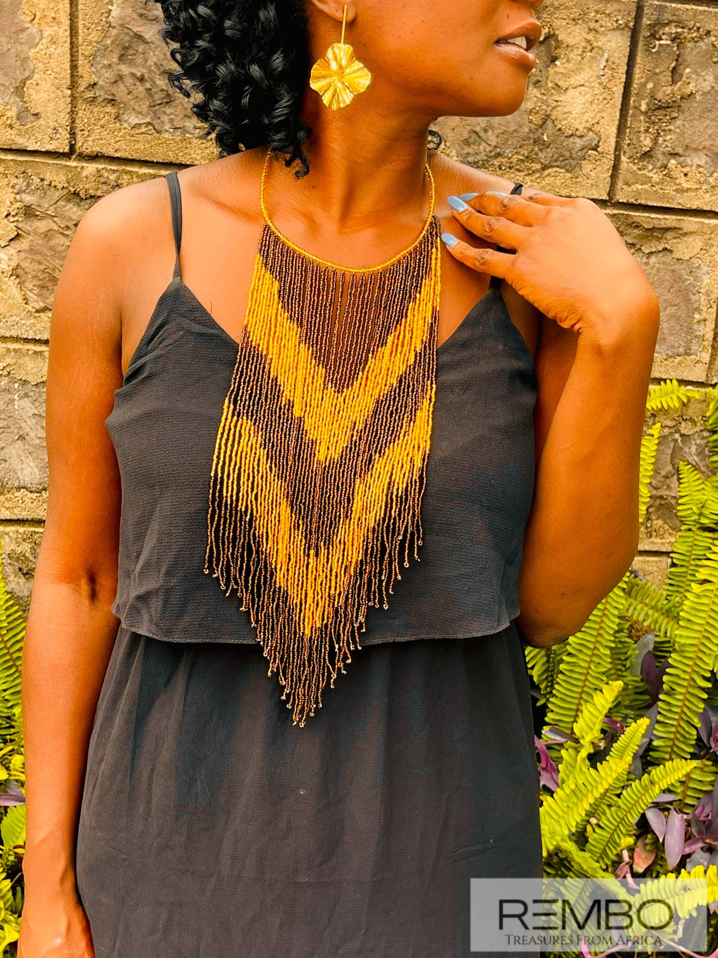 Imani - Collier Long en Perles Maasai Imani jaune et marron