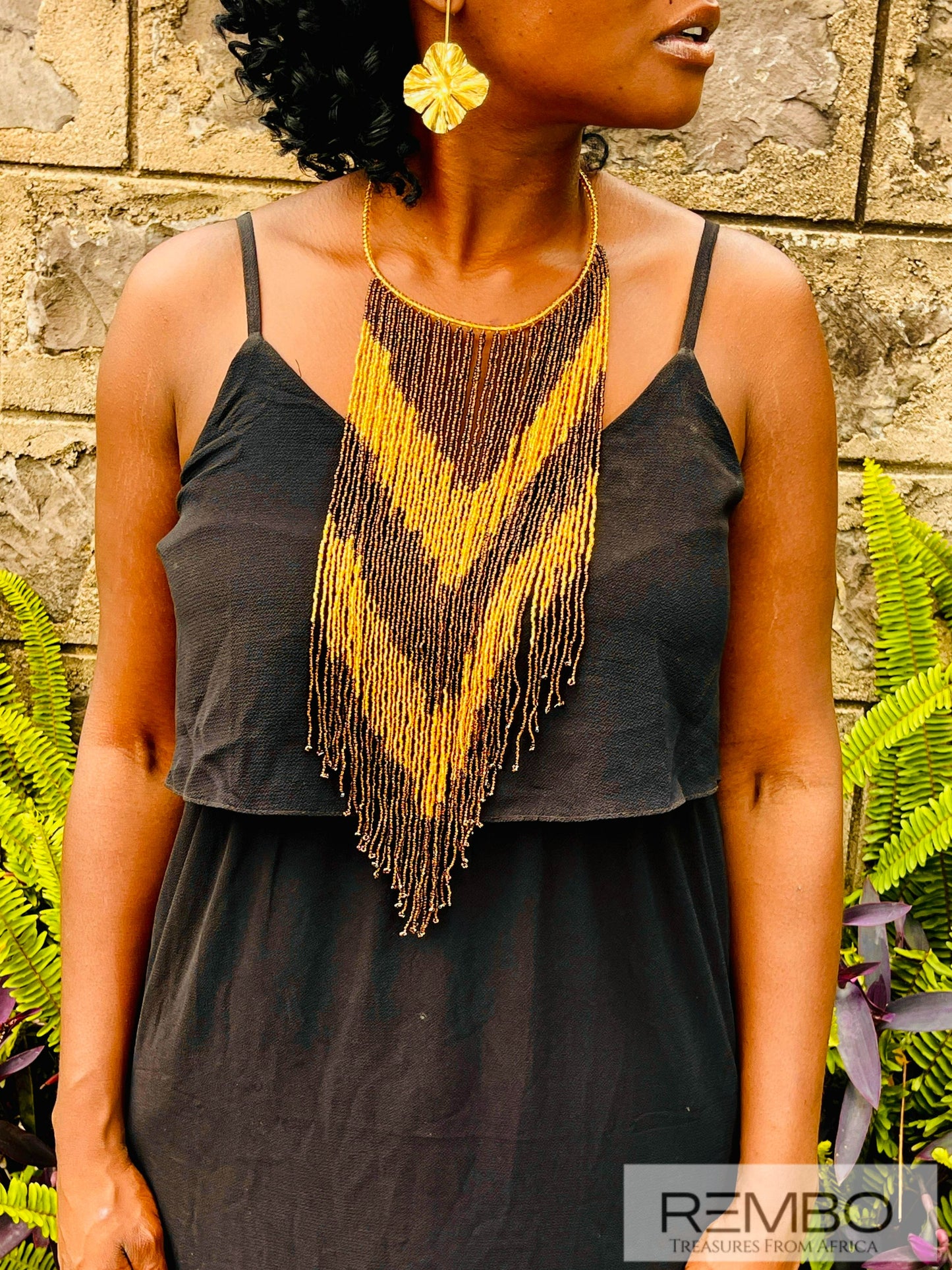 Imani - Collier Long en Perles Maasai Imani jaune et marron